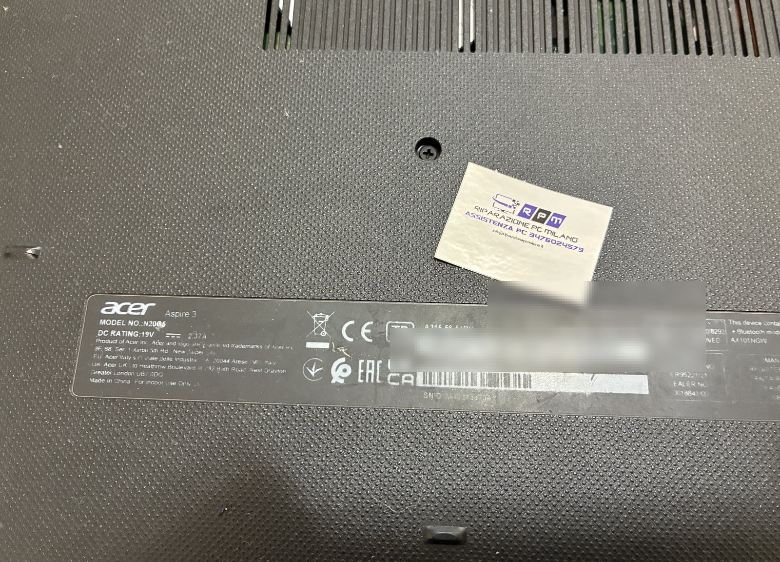 Etichetta fondello Acer Aspire 3 A315-58 model no. N20C5, riparazione Acer Aspire 3 Milano