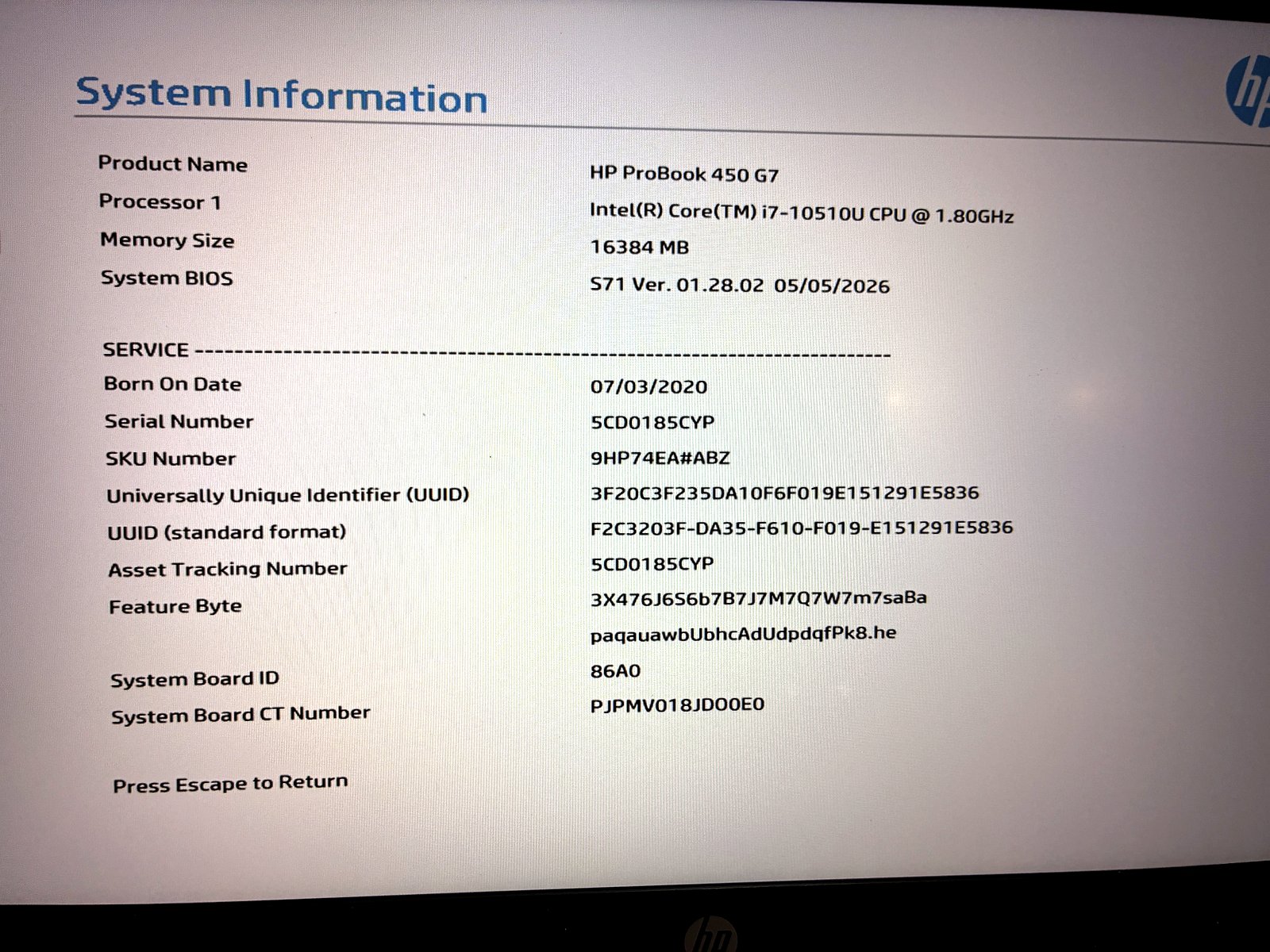 Collaudo HP ProBook 450 G7: schermata System Information con Intel Core i7-10510U e 16 GB RAM