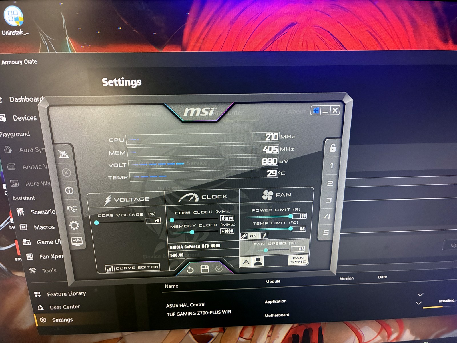 MSI Afterburner RTX 4090 a 29 gradi dopo ottimizzazione
